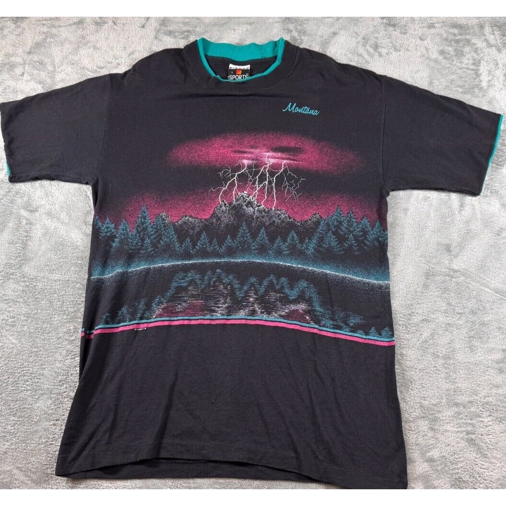 Vintage All Over Print Lightning Montana Thunder Shirt Single Stitch Early 90s